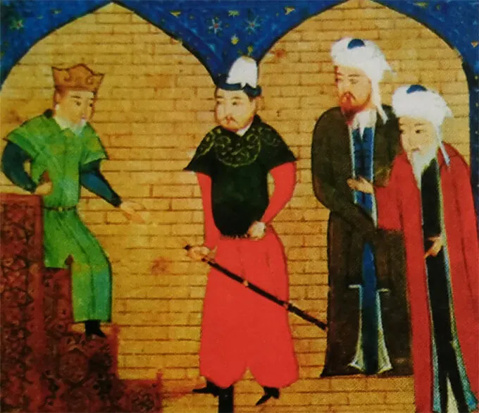 Шыңғысхан (таққа отырған) өз кеңесшілерімен бірге (миниатюра, Париж, ¥лттық кітапхана) Шыңғысхан (таққа отырған) өз кеңесшілерімен бірге (миниатюра, Париж, ¥лттық кітапхана)