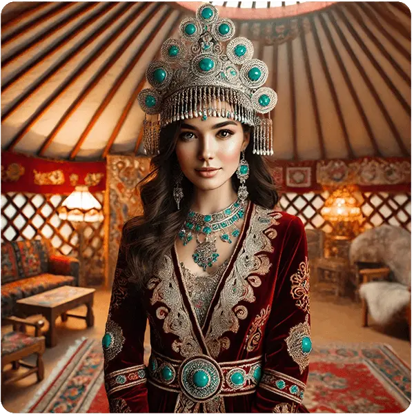 Ою-өрнекпен бедерленіп, безендірілген киімдегі қыз